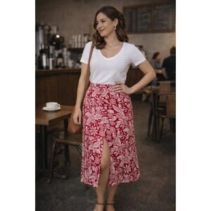 LOFT Tango Red Paisley Floral Button Pull On Midi Skirt Women's M